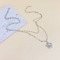 Double-layered stainless steel necklace with flower pendant and multi-color natural stone beads - Silver Flower Colorful Beaded Necklace (F2190)
