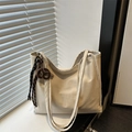 Cream vintage oversized faux suede tote bag with brown donut charm and shoulder straps - With Pendant / Off White