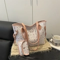 Set borsa tote bianca con manici rosa e motivo floreale con orsetti cartoon - Rosa