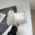 Chic white 3D rose flower handbag with textured chiffon petals and elegant top handle - White