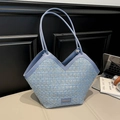 Lichtblauwe tweed shopper met gouden draadweving en lange lederen schouderbanden - Blauw