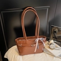 Borsa tote in pelle marrone con nastro da donna, stile retrò da portare a spalla - Marrone