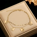Minimalist double-layer stainless steel anklet with hollow butterfly charms on gold chain - Gold Style (C9163)