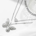 Collier à trois rangs en acier inoxydable avec pendentifs papillon et cœur argentés - Style Argenté (F2090)