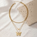 Collier triple épaisseur en acier inoxydable doré avec pendentifs papillon et cœur - Style Doré (F2089)
