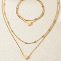 18K gold plated stainless steel layered necklace and bracelet set with heart charms - Gold Double Layer Heart Set (F1091)