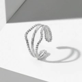 Drielagige zilveren roestvrijstalen open ring met kraalstructuur en zirkoon-inlay - Zilveren 3-Laags Kralen Zirkonia Stijl (C3738)