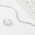 Minimalistische zilveren paperclip kettingarmband en open ring set van gepolijst roestvrij staal - Zilveren Paperclip Ketting Armband Ring Set (F3166)