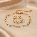 18K goud vergulde roestvrijstalen paperclip ketting armband en verstelbare open ring set - Gouden Paperclip Ketting Armband Ring Set (F3165)