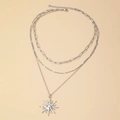Collier multicouches en acier inoxydable avec pendentif soleil et chaîne à trombones - Style Argenté (F2106)