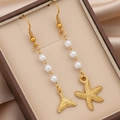 Orecchini dorati a stella marina e coda di pesce con perle su seta elegante - Stile Stella Marina e Coda di Pesce Oro (F1095)