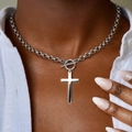Polished stainless steel cross pendant necklace with OT toggle clasp on model - Silver (F2412)