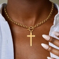 Golden stainless steel cross pendant necklace with OT toggle clasp on model - Gold (F2411)