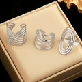 Set of three geometric stainless steel open rings with matte brushed silver finish - Silver Geometric 3-Piece Set (C8822)