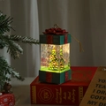 Christmas gift box lantern in dark green with red ribbon, LED glowing tree scene inside - Green Gift Box Water Filled Style