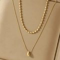 Double layered gold stainless steel necklace featuring water drop pendant and bead chain - Gold (C7621)