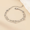 Zweilagiges Edelstahl-Armband mit Büroklammer-Kette und feinen Perlen-Akzenten - Silber (F976)