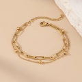 Zweilagiges 18K vergoldetes Edelstahl-Armband mit Büroklammerkette und kleinen Perlen - Gold (F975)
