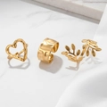 Three-piece 18K gold plated ring set featuring heart, hammered metal, and olive leaf designs - Gold Heart Leaf 3-Piece Set (F1795)