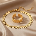 Goldenes Schmuckset mit Lorbeerblatt-Armband und offenem Ring für Damen - Goldblatt-Stil (F3167)