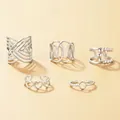 Five-piece silver hollow heart and geometric adjustable ring set for women - Silver 5-Piece Set (C9952)