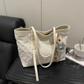 Large white embossed tote bag with teddy bear charm and sleek shoulder straps - With Pendant / White