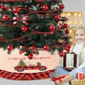 Linen Christmas tree skirt with red plaid border and vintage red truck design - Red Truck Plaid Style