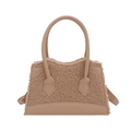 Teddy plush and leather patchwork handbag in camel brown with crossbody strap - Khaki