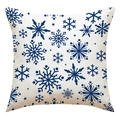 Linen Christmas pillow case with blue snowflake pattern on a beige square cushion cover - Off White Background Navy Snowflake Pattern