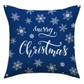 Detail of navy blue linen Christmas pillowcase with white Merry Christmas text and snowflakes - Navy Blue Background White Merry Christmas Text