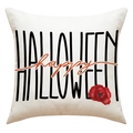 Detail van Halloween kussensloop met rode bloemprint en tekst op linnen structuur - Happy Halloween Rode Bloem Stijl (23YM92-2) / 45*45cm (Alleen kussensloop)