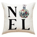 Detail van linnen kerstkussenhoes met NOEL-letters en print van een rode vogel - NOEL Ontwerp(23YM94-1)