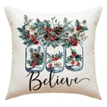 Detail van linnen kerstkussensloop met Believe tekst en aquarel bloemmotieven op stof - Believe Artistieke Tekst Ontwerp(23YM94-3)