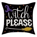 Housse de coussin Halloween Witch Please avec chapeau violet et balai sur lin noir - Style Witch Please (23YM112-3)