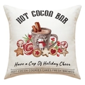 Dettaglio del copricuscino natalizio in lino beige con illustrazioni festive a mano - Stile Bar della Cioccolata Calda (23YM110-4)