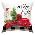 Detail von Leinen-Weihnachtskissenbezug mit rotem LKW- und Schneemann-Druck - Roter LKW Mit Schneemann Stil (23YM106-2)