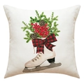 Nahaufnahme der Weihnachtskissenhülle aus Leinen mit Schlittschuh-Aquarelldruck - Weißer Schlittschuh Mit Tannenzapfen Stil (23YM106-3)