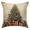 Close-up of vintage Christmas tree and gift box print on square linen pillow cover - Christmas Tree and Gift Boxes Pattern (23YM114-3) / 45x45cm(Case Only)