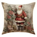 Detail of vintage Santa Claus illustration on linen pillowcase with gift box motifs - Vintage Santa Claus Pattern (23YM114-1) / 45x45cm(Case Only)