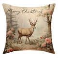 Vintage Merry Christmas reindeer throw pillow cover with linen texture on white background - Forest Reindeer and Flowers Pattern (23YM114-4) / 45x45cm(Case Only)
