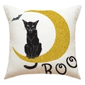 Detail of linen Halloween pillowcase with black cat sitting on golden moon and BOO text - 45x45cm(Case Only) / Black Cat Moon Style (23YM125-1)