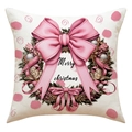 Dettaglio della federa natalizia in lino con ghirlanda e fiocco rosa e testo Merry Christmas - Stile Corona di Natale Rosa (23YM127-2)
