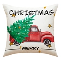 Dettaglio federa natalizia in lino con camion rosso e motivo albero festivo - Stile Camion Rosso Vintage (23YM115-4)
