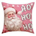 Dettaglio federa natalizia in lino rosa con Babbo Natale e scritta HO HO HO festiva - Stile Babbo Natale Rosa (23YM127-1)