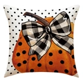 Detail of linen pumpkin pillowcase featuring black and white bow and autumn pattern - Orange Watercolor Pumpkin Polka Dot Style (23YM122-4)