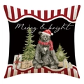 Detalle de funda de cojín de algodón y lino con oso navideño en acuarela y pinos verdes - Estilo Oso Negro y Saludo Navideño (23YM128-4)