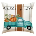 Detail des Leinen-Kissenbezugs mit Vintage-Truck, Kürbissen und Hello Fall-Schrift - Blauer Vintage Pickup Kürbis Stil (23YM120-3)