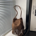Retro brown suede fringe bucket bag with stylish long tassels and thin shoulder straps - Dark Brown