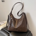 Retro deep brown large tote bag in textured faux leather with a minimalist shoulder strap - Brown