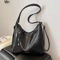 Versatile black PU leather tote bag with dual straps and fashion text print - Black
